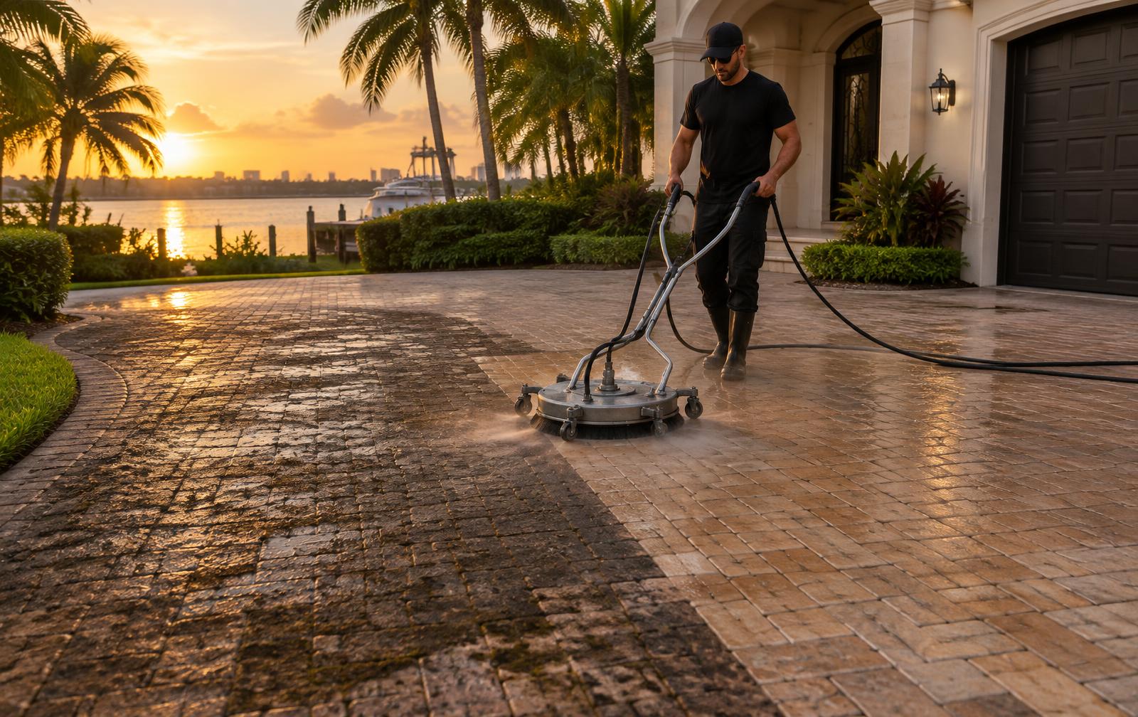 Paver driveway being cleaned with a surface cleaner outside a Boca Raton home