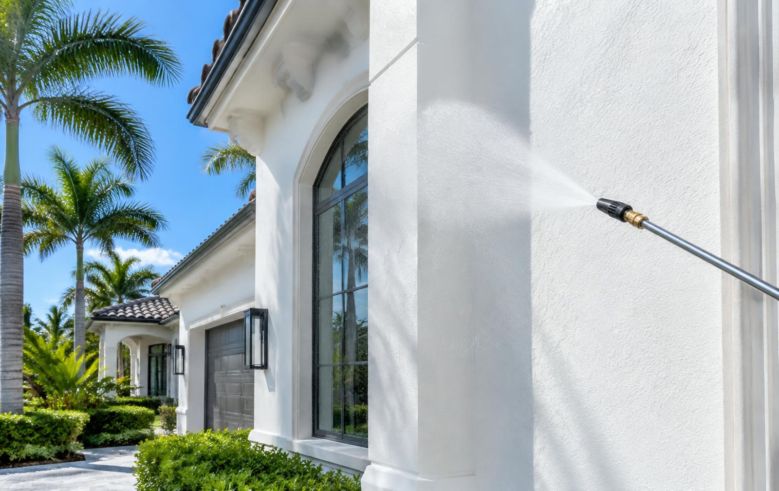 Spray wand washing the white stucco exterior of an upscale South Florida home