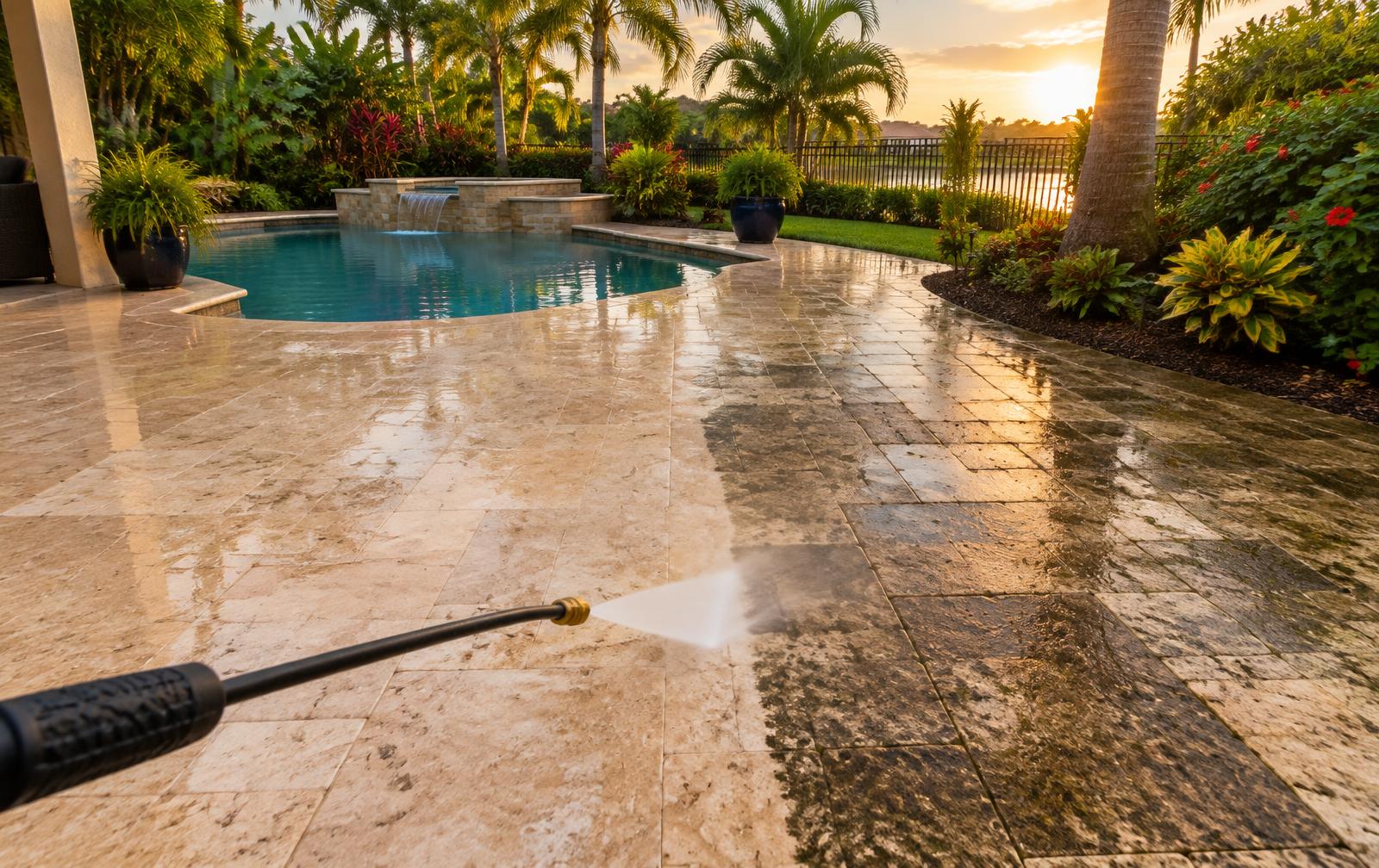 Travertine patio half cleaned showing dirty versus clean stone beside a backyard pool