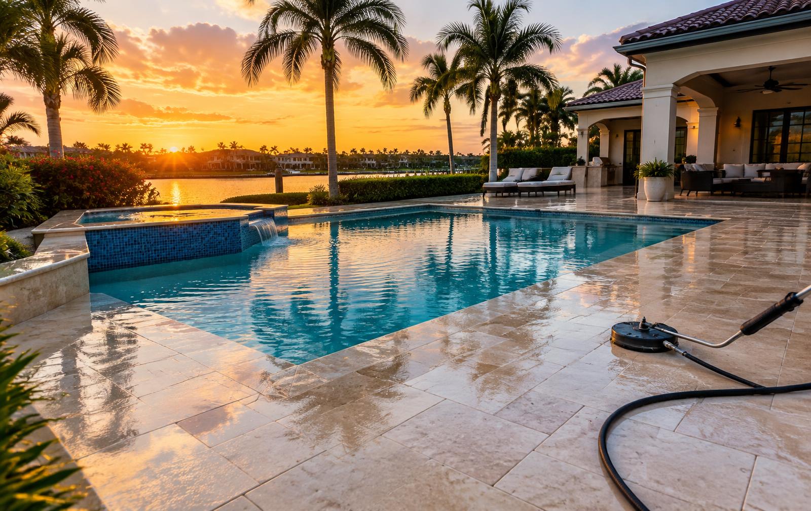 Freshly cleaned travertine pool deck at sunset at a waterfront Boca Raton home